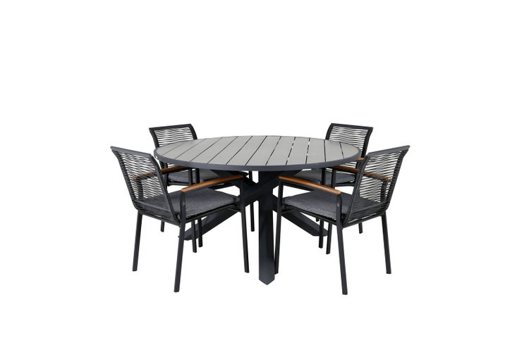 Parma Gartenset Tisch Ø140cm und 4 Stühle Dallas schwarz, natur, grau. 140 X 140 X 73 cm