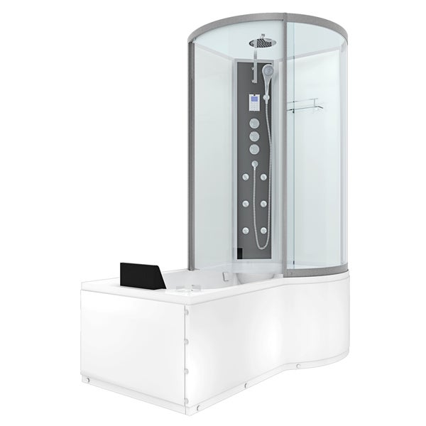 Dampfdusch-Badewanne Kombination mit Massage-Düsen, Handbrause, Kopfbrause und integrierter Kopfstütze.