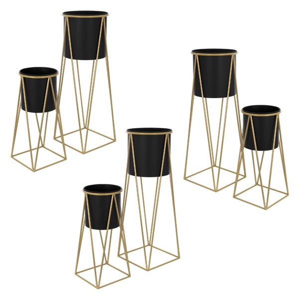 ML-Design Blumenständer 6er Set, Schwarz-Gold, 21,8x22x47cm/25x25x71cm, Stahl, Blumentopfständer mit Übertopf, Metall Pflanzenständer, Blumentopfhalter 6-tlg, Pflanztopf Deko Blumensäule Blumenhocker