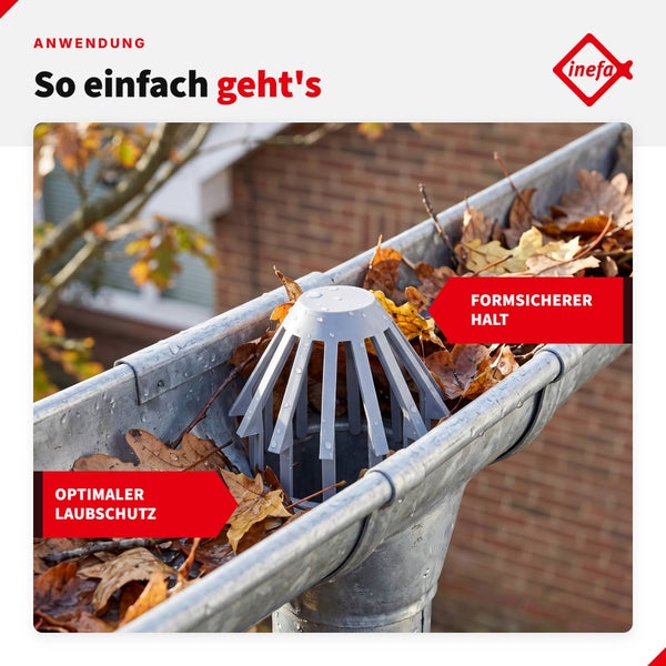 Laubfangkorb für Dachrinnen in einer Metallrinne mit Laub, Inefa Logo, Textfelder für optimalen Laubschutz und formsicheren Halt.