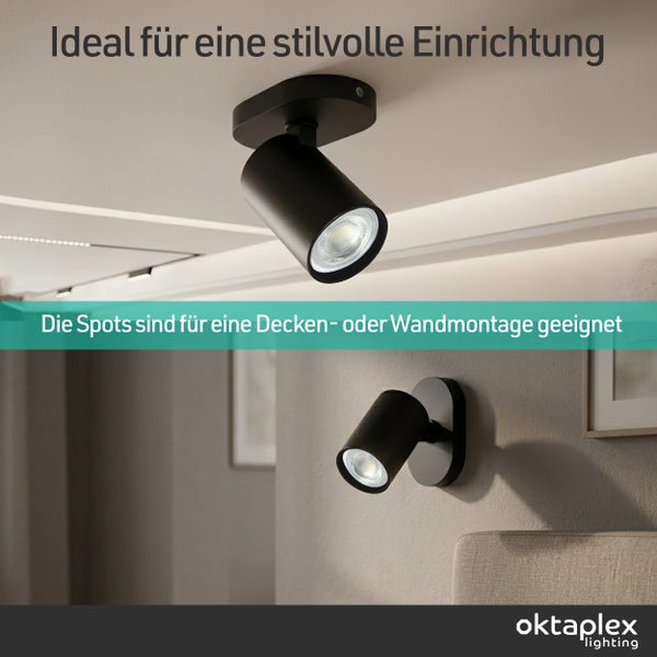 Schwarzer zylindrischer Spotstrahler montiert an der Decke und an der Wand für eine stilvolle Einrichtung, Oktaplex Lighting Logo.