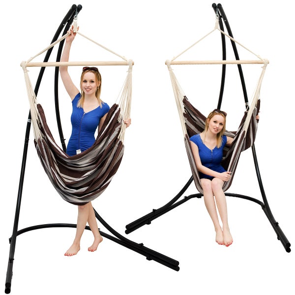 AMANKA 210cm Hängestuhlgestell inkl. XXL Hängestuhl 185x130cm Hängesessel Streifen Braun
