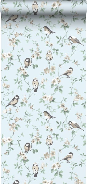 Borastapeter Tapete Blumen und Vögel Graublau - 53 cm x 10.05 m - 660391