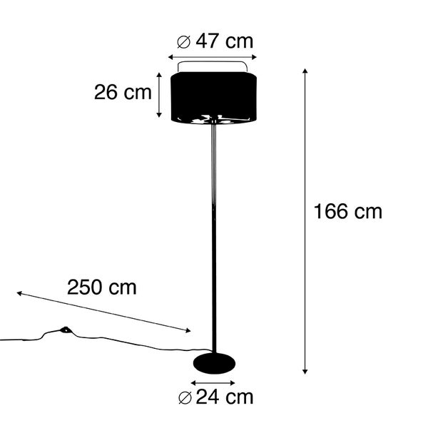 Abmessungen einer Stehlampe: Höhe 166 cm, Lampenschirmdurchmesser 47 cm, Lampenschirmhöhe 26 cm, Fußdurchmesser 24 cm, Kabellänge 250 cm