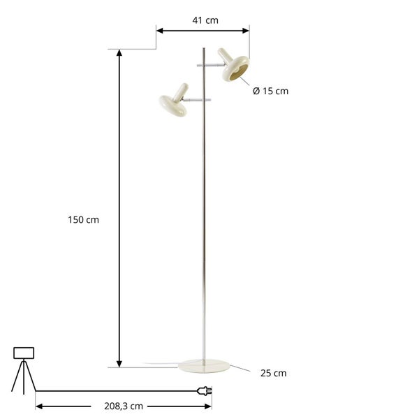 Moderne Stehlampe aus Metall mit zwei verstellbaren Leuchtenköpfen und rundem Standfuß für Wohnzimmerbeleuchtung.
