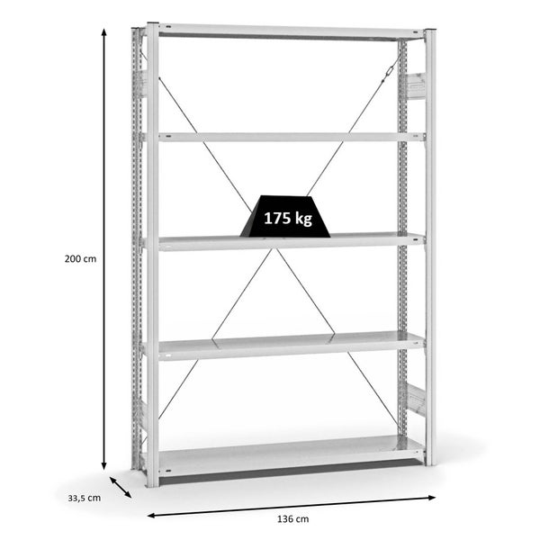 PROREGAL Fachbodenregal Stecksystem T-Profil Light-Duty Grundregal HxBxT 200 x 130 x 30 cm 5 Ebenen Fachlast 175 kg Einseitig Nutzbar Lichtgrau