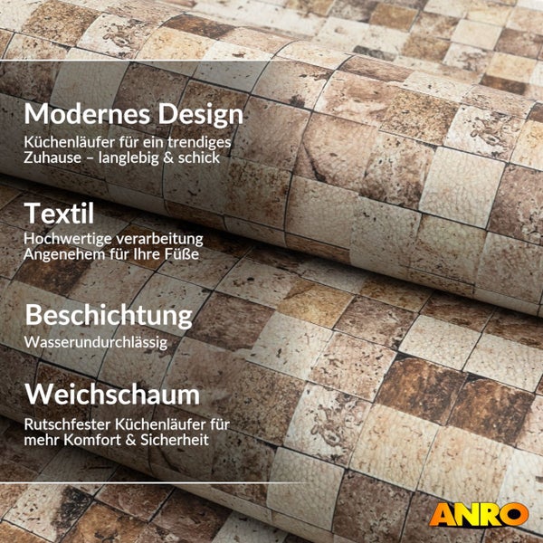 Küchenläufer aus Textil und Weichschaum mit Steinfliesen-Mosaik-Design, wasserundurchlässig und rutschfest. ANRO Logo.