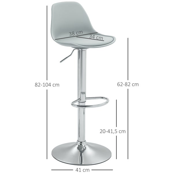 HOMCOM Barhocker 2er Set, Gepolstert Barstuhl mit Stahlgestell, Lehne, Höhenverstellbar Küchenstühle mit Fußstütze 360° Drehbar Tresenhocker für Küche, Wohnzimmer, Esszimmer, Kunstleder Grau