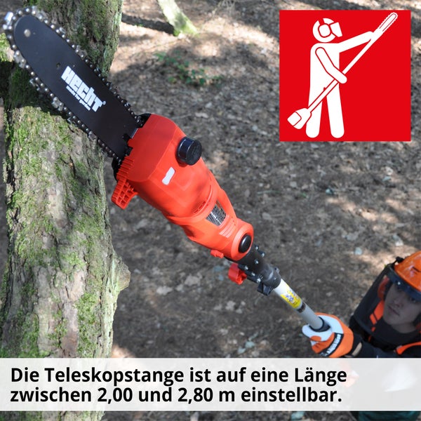 Hecht Hochentaster beim Schneiden eines Astes mit Sicherheitshinweis und Person mit Schutzkleidung