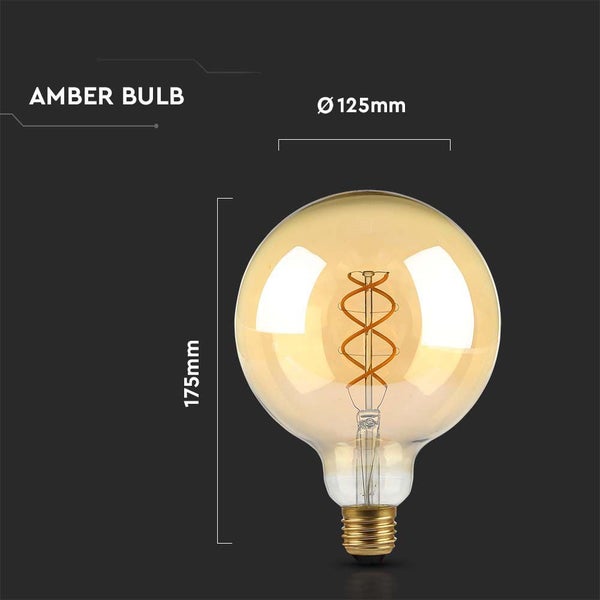 Amber Globe LED-Leuchtmittel mit Filament, Durchmesser 125 Millimeter, Höhe 175 Millimeter.