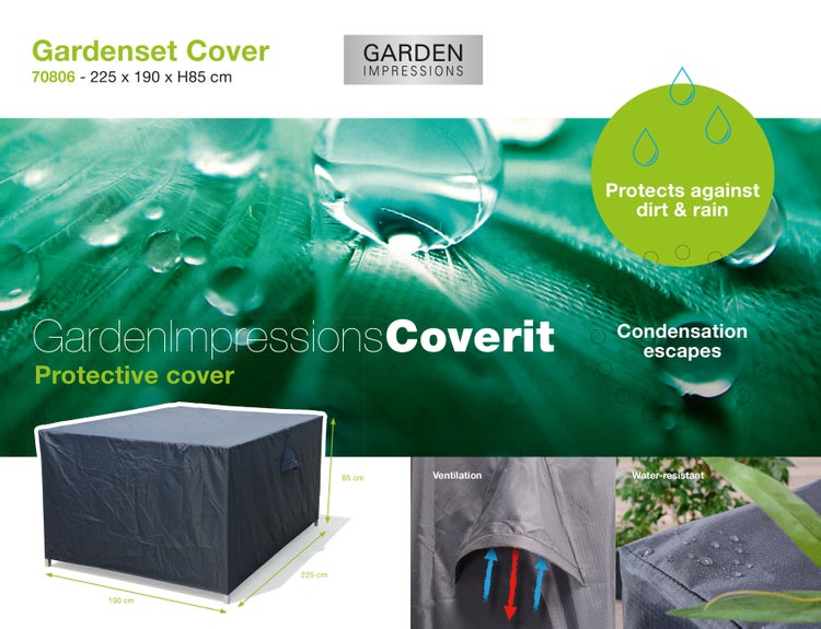 Garden Impressions Logo. Schutzhülle für Gartenmöbel, 225 mal 190 mal 85 Zentimeter. Wasserabweisend mit Belüftung und Schutz vor Schmutz und Regen.