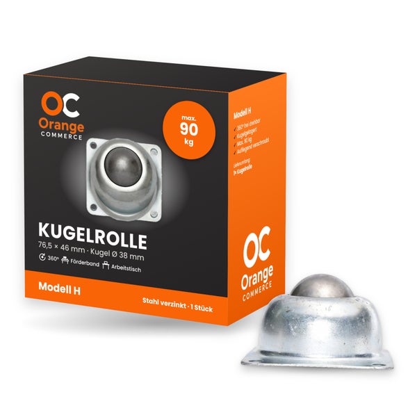Orange Commerce Kugelrolle Modell H aus verzinktem Stahl mit 38 Millimeter Kugeldurchmesser und 90 Kilogramm Tragkraft in Produktverpackung