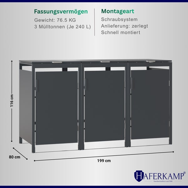 Mülltonnenbox für drei Mülltonnen mit je 240 Litern Fassungsvermögen inklusive Maßangaben und Montagehinweisen.