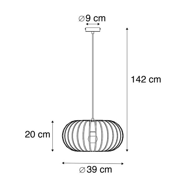 Abmessungen einer Pendelleuchte: 142 cm hoch, 39 cm Durchmesser des Lampenschirms, 20 cm Höhe des Lampenschirms, 9 cm Durchmesser des Baldachins.