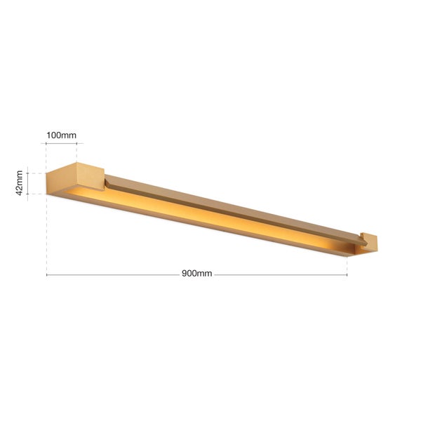 Moderne LED Wandleuchte in linearem Design mit Maßangaben 900 Millimeter Länge, 100 Millimeter Breite und 42 Millimeter Höhe.