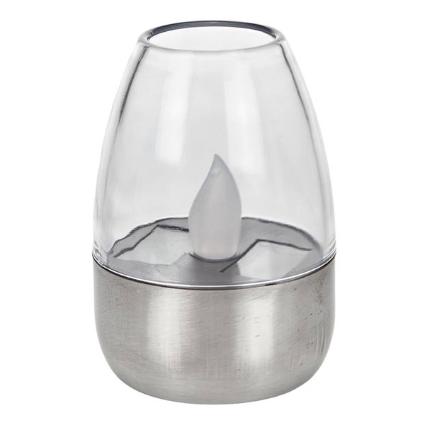 Solar-LED-Tischleuchte mit Edelstahlfuß und Glasaufsatz sowie flammenförmigem Leuchtmittel