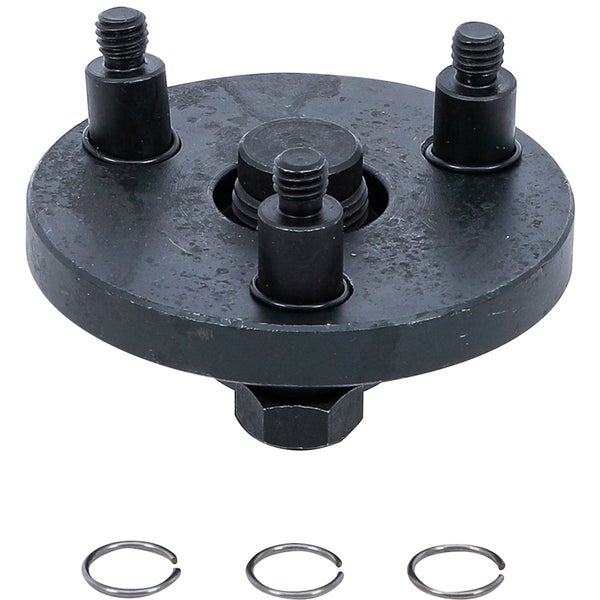 Universal-Kupplungszentrierwerkzeug aus schwarzem Metall mit drei Gewindestiften und drei Sicherungsringen.