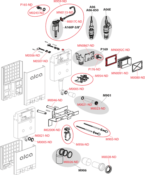 Explosionszeichnung eines alca Unterputz-Toilettenspülkastens mit Ersatzteilen wie Ventilen, Dichtungen, Rohren und Montagematerial.