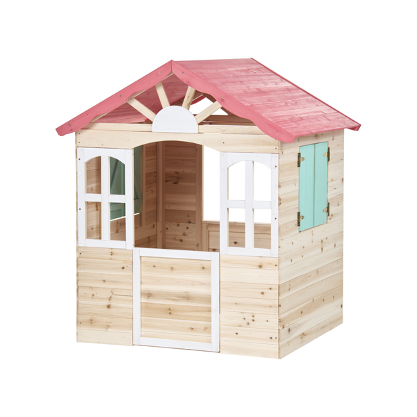 Kinderspielhaus aus Holz mit rotem Dach, weißen Fensterrahmen und türkisfarbenen Fensterläden.