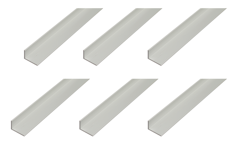 Sechs gleich lange Winkelprofile aus Metall für den Bau und Heimwerkerbedarf.