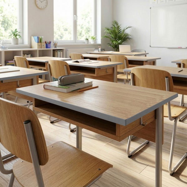 Helles Klassenzimmer mit Holzschultischen und Stühlen in einer Reihe, mit Schulutensilien auf den Tischen und einem Whiteboard an der Wand.