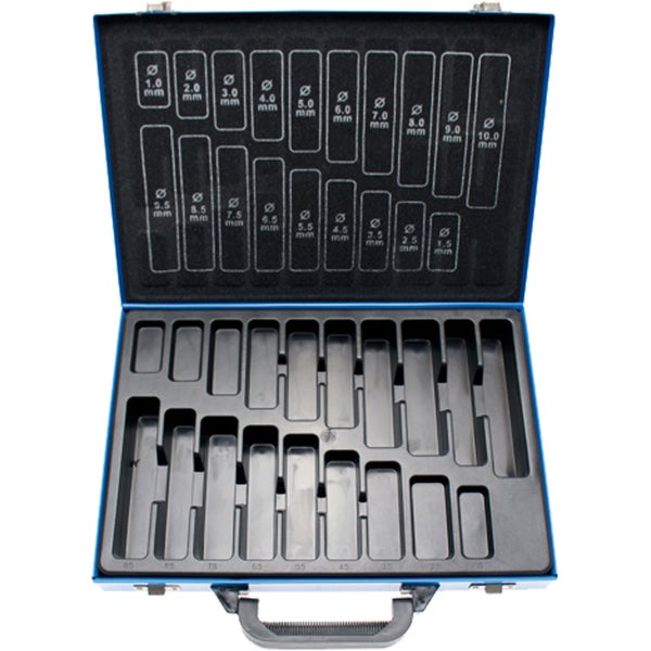 Leere Bohrersortimentskassette mit Fächern für Bohrer in verschiedenen Größen