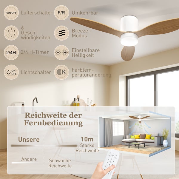 Infografik Deckenventilator: 6 Geschwindigkeiten, Umkehrfunktion, Timer, einstellbare Helligkeit und Fernbedienung mit 10 Meter Reichweite.