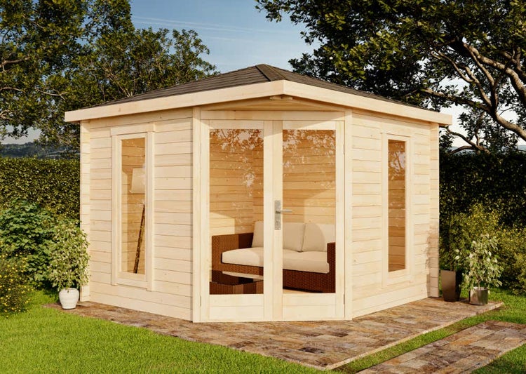 Alpholz 5-Eck Gartenhaus Liwa Compact Gartenhaus aus Holz, Holzhaus mit 40 mm Wandstärke, Blockbohlenhaus mit Montagematerial, Naturbelassen 3x3m