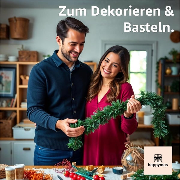 Ein Paar dekoriert mit Tannengirlande und Bastelmaterialien auf einem Tisch. Happymas Logo.
