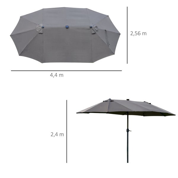 Outsunny Sonnenschirm mit LED Doppelsonnenschirm 440 x 260 cm Gartenschirm Marktschirm groß Terrassenschirm mit Handkurbel Oval Metall Dunkelgrau