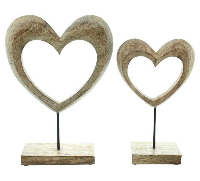 FRANK FLECHTWAREN | Holzdeko Herz, 2er Set, MANGOHOLZ, METALL, 16 x 6 x 25 cm, 21 x 6 x 31 cm