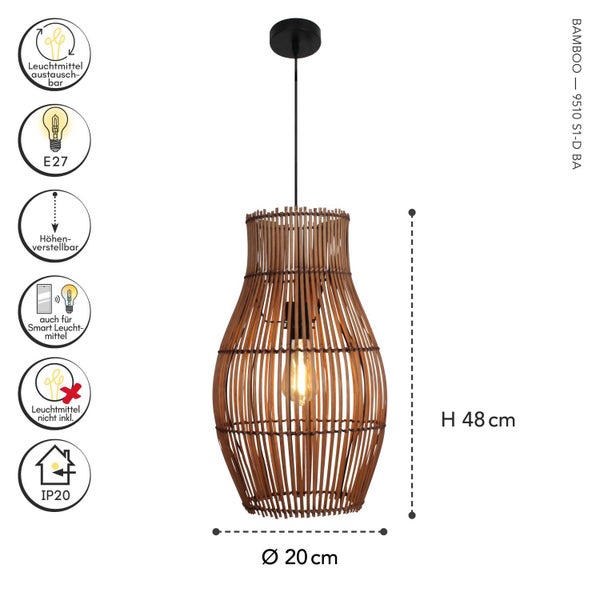 Pendelleuchte Bamboo aus Bambus, Fassung E27, Höhe 48 Zentimeter, Durchmesser 20 Zentimeter, höhenverstellbar, Schutzart IP20.