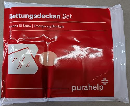 PURAHELP Rettungsdecke Gold Silber für Notfälle (10 Stück) - 210 x 160 cm - Wetterfeste Notfalldecke für Erste Hilfe und Outdoor - Kompakte Rettungsdecken für Auto, Wandern & Camping
