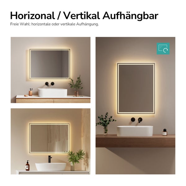 LED Badezimmerspiegel horizontal oder vertikal montierbar, dargestellt in verschiedenen Badezimmerszenen über einem Waschbecken mit Beleuchtung.