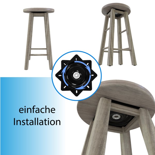 Holzbarhocker mit drehbarer Sitzfläche und Detailansicht des Montagebeschlags für eine einfache Installation.