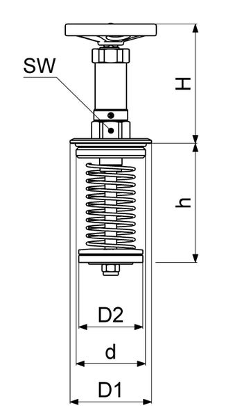 Technische Zeichnung eines federbelasteten Ventils mit Bemaßungen für Höhe, Durchmesser und Schlüsselweite.