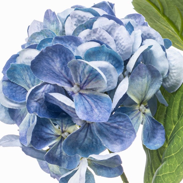 Künstliche Hortensie in Blau mit grünen Blättern