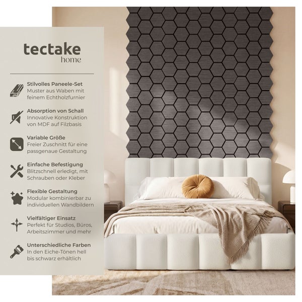 Hexagonales Wandpaneel-Set aus mitteldichter Holzfaserplatte und Echtholzfurnier auf Filzbasis, im Schlafzimmer hinter einem Bett. tectake home Logo.