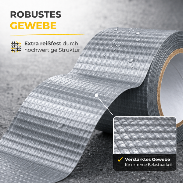 Graues Panzerband mit verstärktem Gewebe für hohe Reißfestigkeit, Detailaufnahme der Struktur mit Wassertropfen.