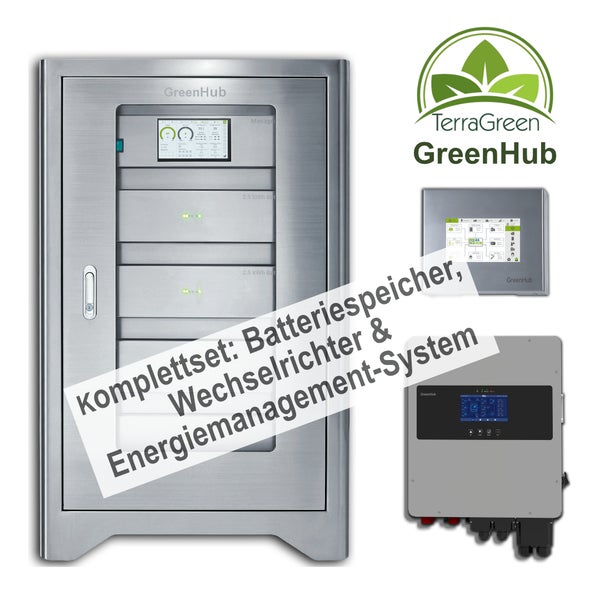 TerraGreen - GreenHub Premium-Set: Leistungsstarker 7,5 kWh Batteriespeicher – modular erweiterbar bis 40kWh, Energiemanagement-System & 14 kWh Wechselrichter. Für Photovolaikanlagen.  –  Angebot für Privatkunden