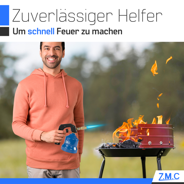 ZMC Gasbrenner 2,2 kW + 10 Gaskartuschen 190 g, Flambierbrenner, Bunsenbrenner, Küchenbrenner mit einstellbarer Flamme, Brenneraufsatz für Camping, Lötbrenner, Lötlampe zum Weich- oder Hartlöten