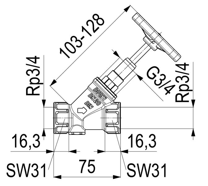 Technische Zeichnung eines Schrägsitzventils mit Maßen 103 bis 128 Millimeter, Länge 75 Millimeter und Gewinde drei Viertel Zoll.