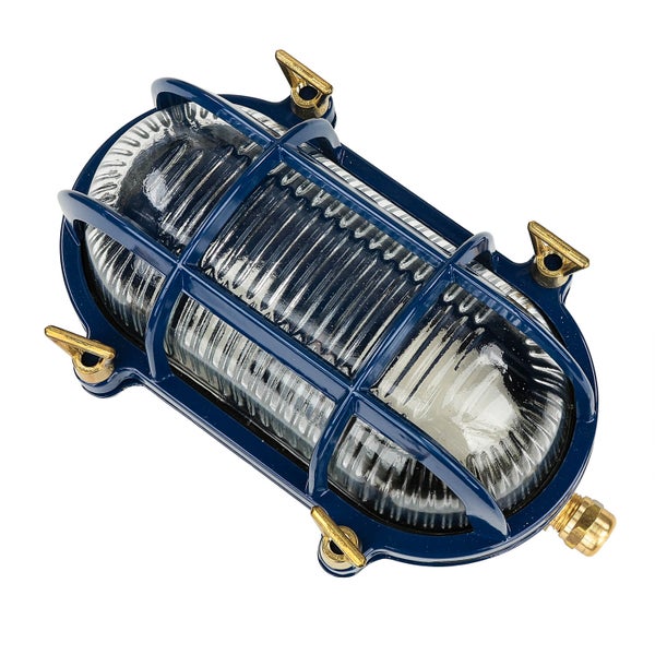 Blaue Schiffslampe mit Schutzkorb und klarem Glas