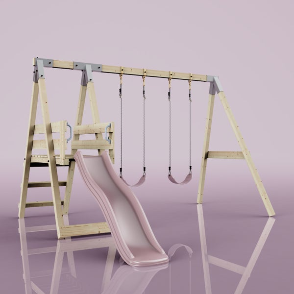 Schaukelgestell aus Holz mit zwei rosa Schaukeln, einer rosa Wellenrutsche und einem Podest mit Leiter.