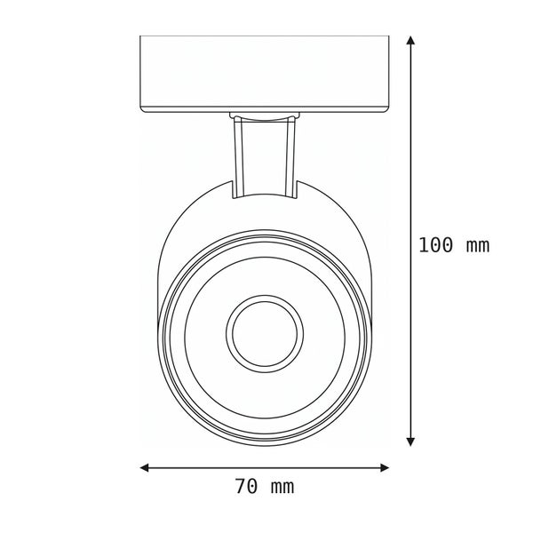 Technische Zeichnung eines LED Strahlers mit Maßangaben von 100 Millimeter Höhe und 70 Millimeter Breite.