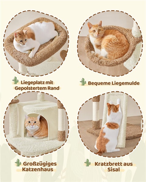 Collage eines Katzenkratzbaums mit Liegeplatz, bequemer Liegemulde, großzügigem Katzenhaus und Kratzbrett aus Sisal, jeweils mit Katze