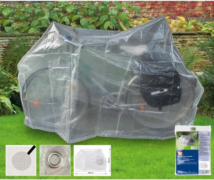 Durchsichtige Schutzhülle für Fahrräder aus Gewebematerial mit Ösen zur Befestigung im Garten stehend dargestellt