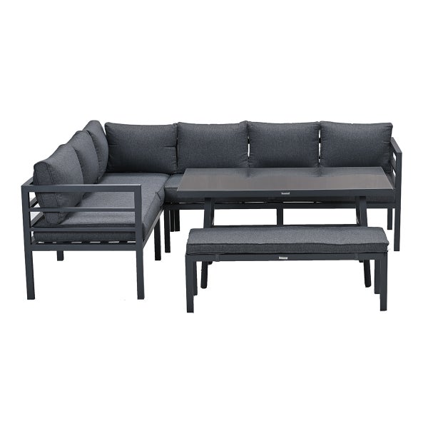 Lounge-Gartenmöbel-Set bestehend aus Ecksofa, Tisch mit Glasplatte und Sitzbank, Gestell aus Metall mit grauen Polstern.