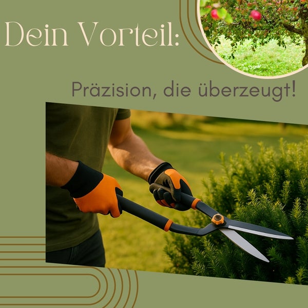 Eine Person schneidet mit einer Heckenschere eine Hecke