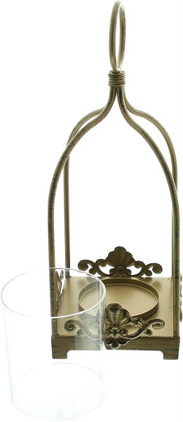 Dekoleidenschaft Windlicht Ornament aus Metall in gold in Antik Optik, 32 cm hoch, Kerzenhalter zum Aufängen oder Hinstellen, Hängewindlicht